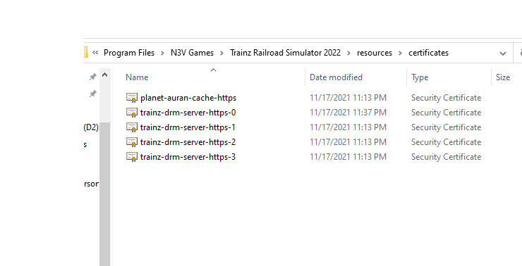 Folder showing TRS22 certificates